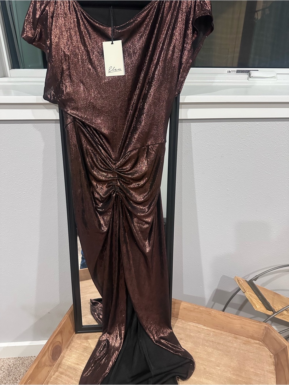 Elan Metallic Brown Cowl Neck Evening Top